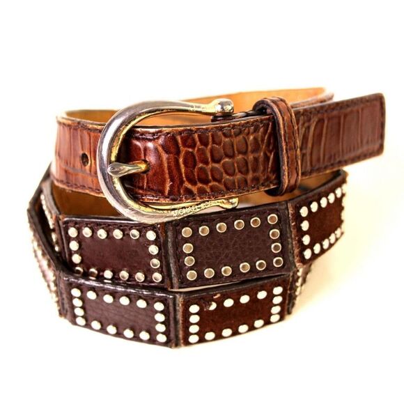 Michael Kors STUDS CROCO BROWN GENUINE LEATHER 1"Wd CASUAL WOMEN'S BELT Sz M (R9 - Picture 1 of 12